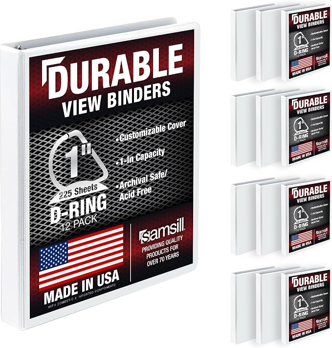 Samsill Durable 1 inch 3 Ring Binder, D Ring Binder, 100% Recycled Chipboard, White, 12 Pack