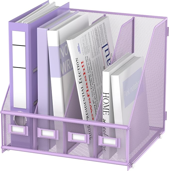 4-Compartment Magazine File Holder and File Organizer for Desk, Purple | Metal Magazine Holder and Magazine File Holder, 4-Compartment File Organizer for Binders Folders Magazines and Paper