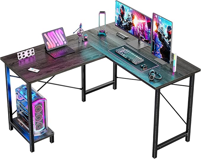 DUMOS 50-Inch Reversible L Shaped Desk with CPU Shelf, Grey | Computer Desk with Sturdy Metal Frame, Corner Gaming Desk, Home Office Desk for Study, Writing and Work, Sturdy Modern Design