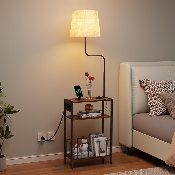HavenlyYouth Floor Lamp with Table & Storage Baskets, End Table with 3 Color Temperatures LED Bulb, Nightstand with Charging Station, Shelves Side Table for Living Room, Bedroom, Office - Brown