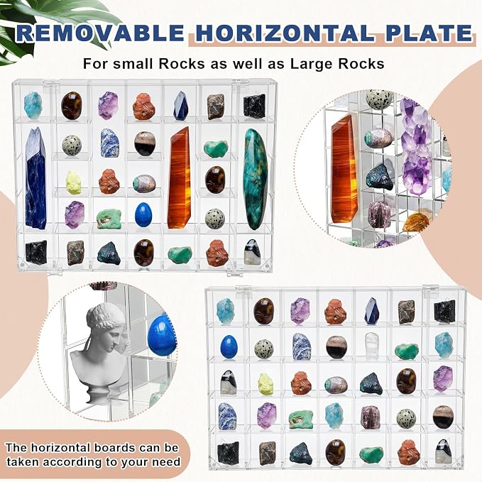 Cinnvoice Rock Display Case 35 Grids,Transparent Border, Square | Adjustable Acrylic Display Case, Crystal Organizer for Collectible, with Built-in Mirrored, Magnetic Door, Wall Mount
