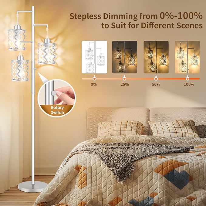 Dimmable Floor Lamp, Farmhouse Standing Lamp with Elegant Metal Cage, Industrial Tall Tree Floor Lamps for Living Room Bedroom Study Room Office, 3 x 800LM LED Bulbs Included - 72", Silver