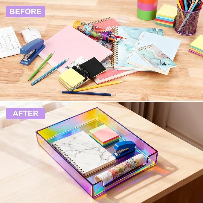 Paper Tray Acrylic File Organizer for Desk Letter Tray Desk Organizer Document Holder Sorter Storage for A4 Office Supplies Magazines, 13.8x10.6x2.4 Inches, Iridescent