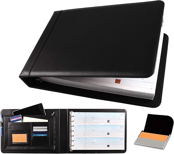 2Fold Business Check Binder 7 Ring for 3-Up Business Size Checks with Extra Business Card Case - PU Leather Deluxe 7 Ring Checkbook Binder Portfolio with 600 Check Capacity and Storage