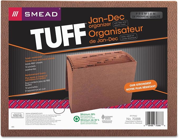 Smead TUFF Expanding File, 12 Pockets, Monthly (Jan.-Dec.), Flap and Cord Closure, Letter Size, Redrope (70388)