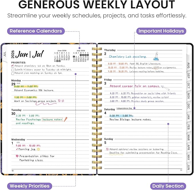 Taja Planner 2026-2027, Jul 2026-Jun 2027 Monthly & Weekly Calendar Planner | 6.3" x 8.5", Hardcover Academic Calendar, Teacher Student Agenda Book with Tabs, School Office Supplies, Nocturne Blooms