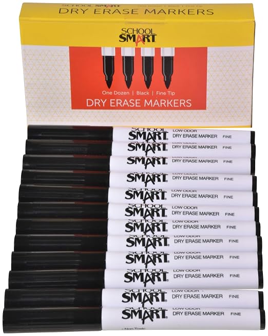 School Smart Dry Erase Pen Style Marker, Fine Tip, Black, Pack of 12 - BY1076-12BLACK