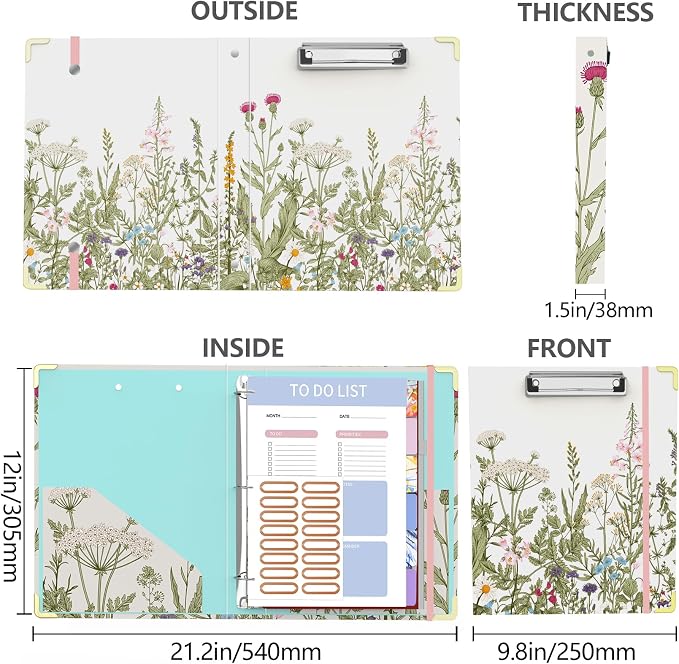 3 Ring Binder, 1 Inches Cute Round Ring Binder with Clipboard, Dividers Tabs, PVC Zipper Bag Sleeves & to Do List Planners, Decorative Binder School, Office Supplies-Garden Flowers