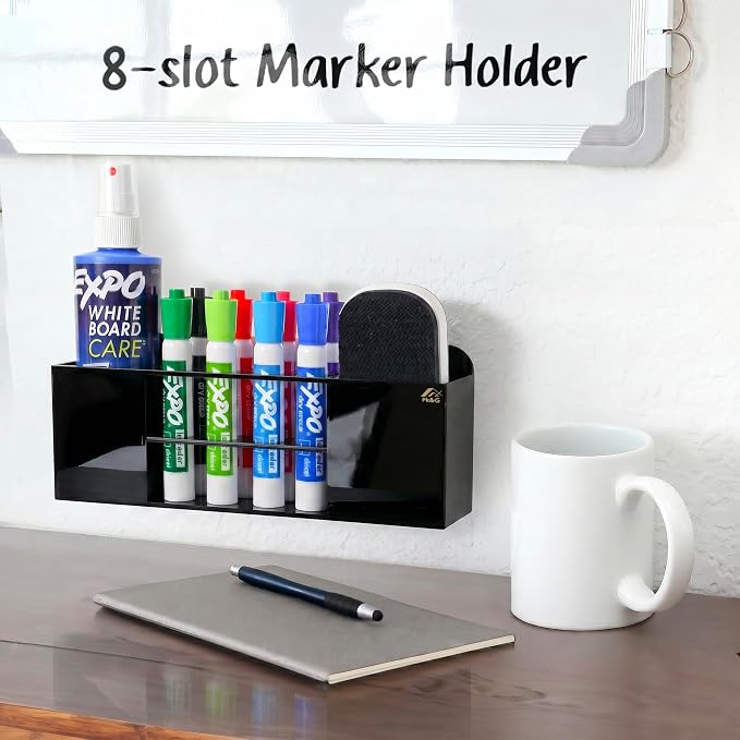 Strong magnetic dry-erase whiteboard holder, 8-slot acrylic pen organizer with glass and wall mounting hardware for refrigerator, office, and classroom. Markers, Eraser, Cleaner Not Included (Black)