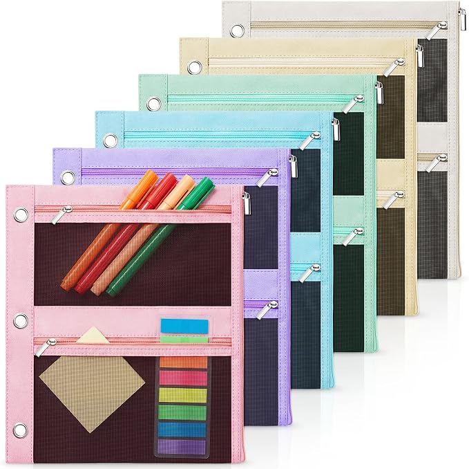 Lanpn 6 Pcs Pencil Pouch for 3 Ring Binder, 3 Pocket Zipper Binder Pouch, 9"x11" Binders Pencil Case, Pastel School Supplies for Student Office Home, Reinforced Grommets, Clear Window, Micro Mesh