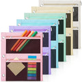 Lanpn 6 Pcs Pencil Pouch for 3 Ring Binder, 3 Pocket Zipper Binder Pouch, 9"x11" Binders Pencil Case, Pastel School Supplies for Student Office Home, Reinforced Grommets, Clear Window, Micro Mesh