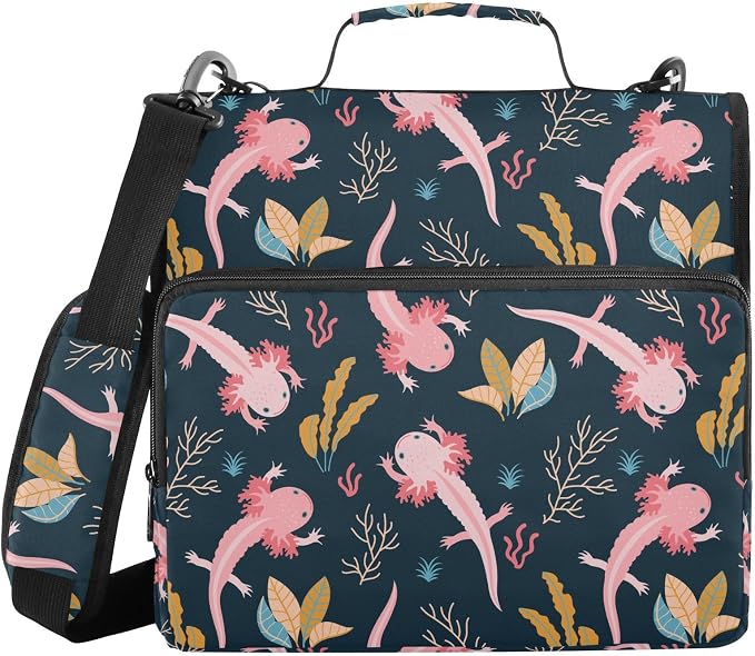 Axolotls Print Zipper Binder Bag 3 Ring with Shoulder Strap & Handle Multi Pocket Binder Organizer Bag Large Capacity for School Office Supplies