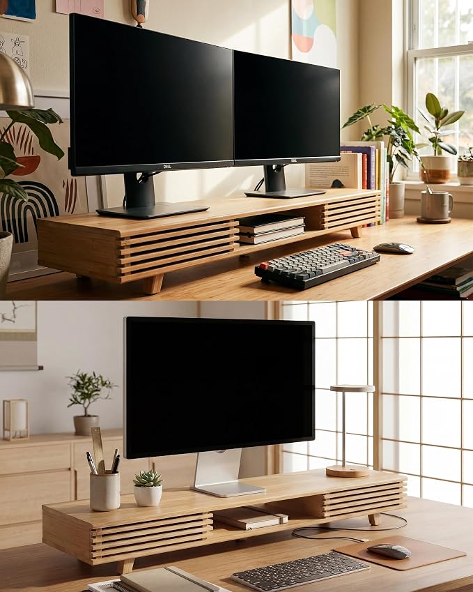 Bamboo 42” Dual Monitor Stand with Sliding Doors Desk Shelf | Ergonomic Relief Easy Assembly Solid Construction Cozy Workplace Computer Setup Desk Organizer High Load-bearing