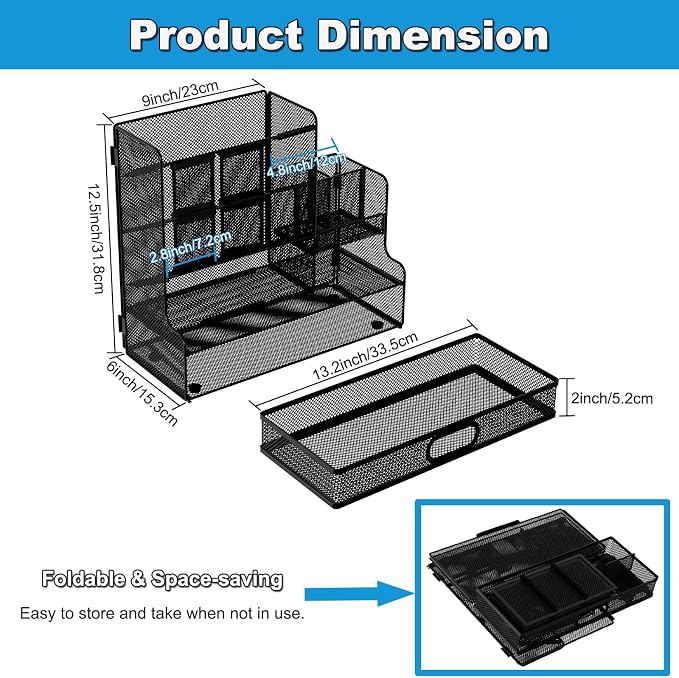 Desk Organizer with Drawer, Mesh Marker Pen Holder for Desk, 13 Compartments Stationery and Art Supplies Organizer, Office Accessories and Workspace Storage Rack, Black