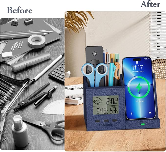 TopMade Wireless Charger with Pen Holder, PU Leather Desk Nightstand Organizer Fast Charging Station, Home Office Supplies Pencil Holder, Digital Thermometer and Humidity Gauge, Gifts for Men(Blue)