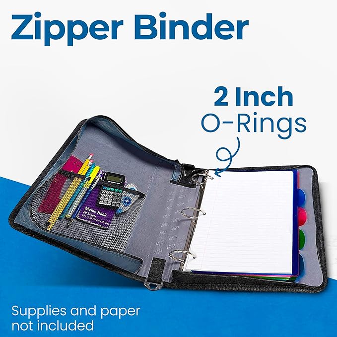 Case-it Classic Zipper Binder | 2-Inch O-Rings, 350 Sheet Capacity, Multiple Storage Pockets & Shoulder Strap | School & Office Organizer | D-251 Black
