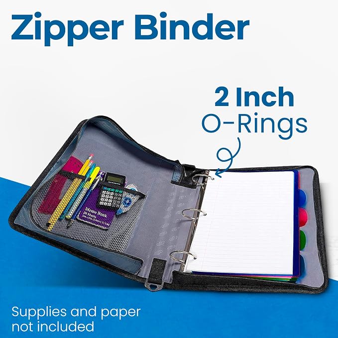 Case-it School Zipper Binder | 2-Inch O-Rings | 350-Sheet | D-251 Jet Black | Classic, Multiple Storage Pockets, Shoulder Strap, School & Office Organizer, 6-Pack