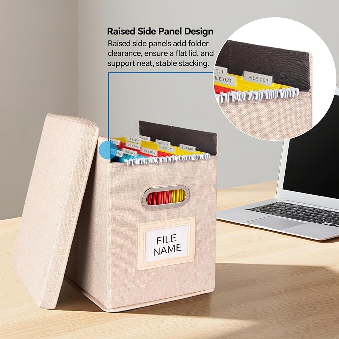 4 Pack Hanging File Folders Organizer with Lid, Letter Size Fabric File Storage Box Collapsible, Portable Office Document Holder with Metal Handle, Smooth PVC Rails, Beige