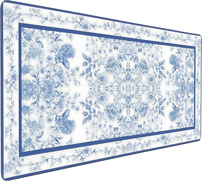 Floral Aesthetic Dahlia Gaming Mouse Pad, White Blue Rug Desk Mat with Anti-Slip Base & Stitched Edges,35.4" x 15.7" in Desk Accessories for Women, Home Office Decor & Artistic Gift