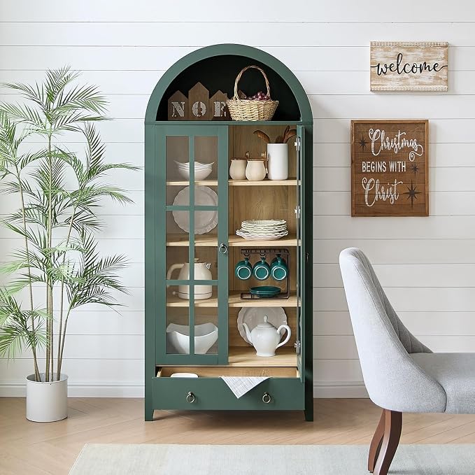 RowyPoey 71" Tall Arched Cabinet Bookshelf with Glass Door & Storage Drawer | Modern Farmhouse Display Cabinet,Adjustable Shelves,Wood Kitchen Pantry for Dining Room,Living Room,Office,Green