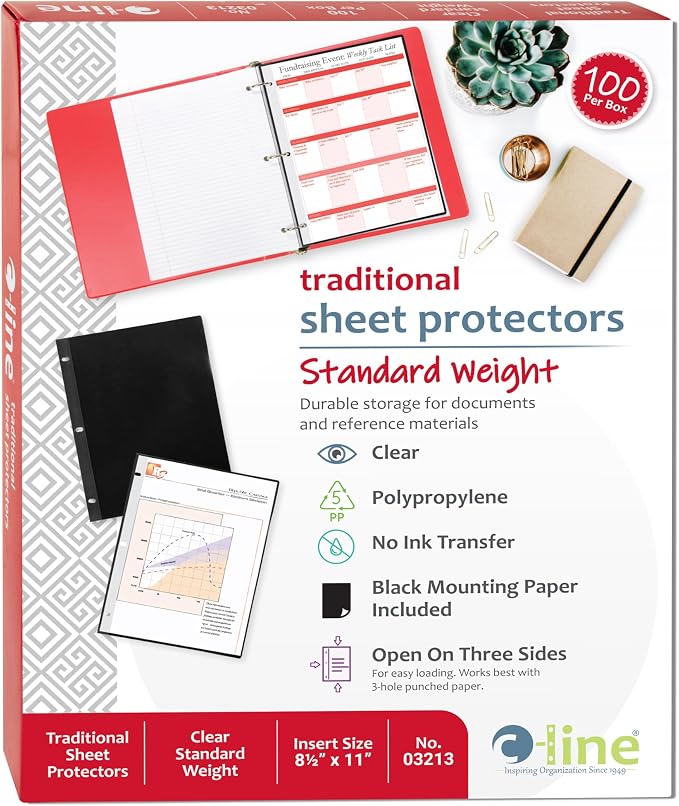 C-Line Traditional Standard Weight Poly Sheet Protectors, Clear, 8.5 x 11 Inches, 100 per Box (03213)