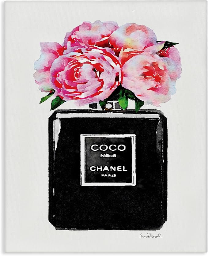 Stupell Industries agp-106 Glam Perfume Bottle Flower Black Peony Pink Wall Art, 16 x 20, Gallery Wrapped Canvas | Stupell Industries | 16 x 20 Inches, Easy to Hang and Sturdy, Made in USA, by Amanda Greenwood
