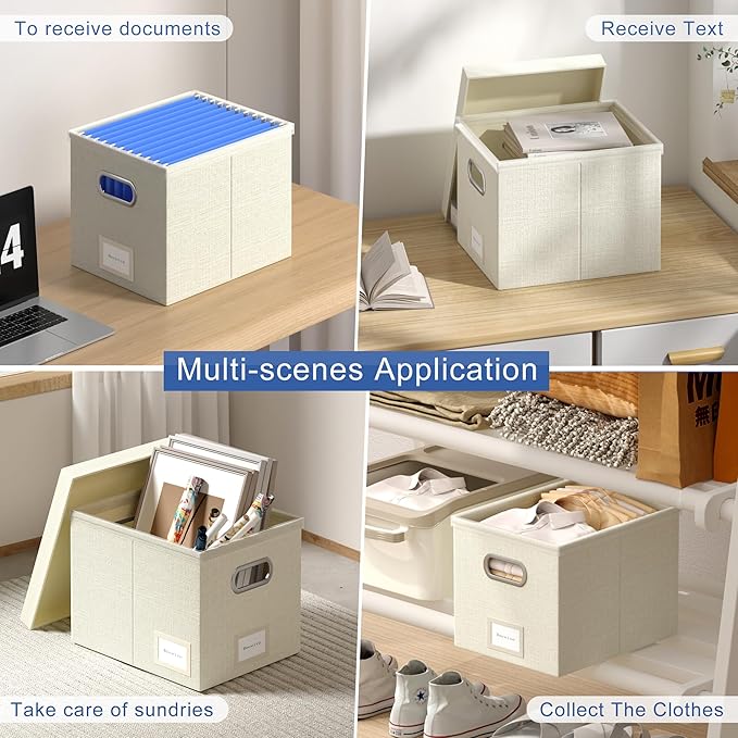 File Organizer Box - File Boxes for Hanging Files with Lid Set of 2 Decorative Hanging Folders Organizer with One-Piece Plastic Frame Slides (Beige White, 13.2 * 10.1 * 10.1in(2Pack))