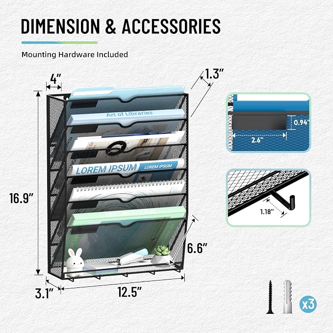 7-Tier Wall File Organizer with 5 Hooks, Wall Mounted Mail Organizer | File Holder Organizer, Metal Mesh Office Wall Organizer for Home, School & Classroom
