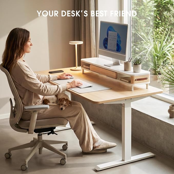 Fenge Dual Monitor Stand with Large Storage Drawer, 42.5" Dsek Shelf, White | Slide-Out Drawer with Wood Grain Finish, Ergonomic Monitor Riser, Aluminum leg, 2-Tier Desk Organizer for Laptop, TV, PC