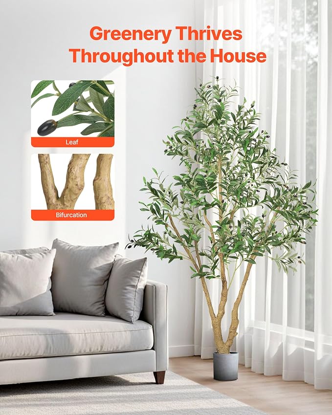 VEVOR 6FT Artificial Olive Tree with Black Pot, Tall Fake Tree with Natural Wood Trunk & Realistic Green Leaves and Fruits, Indoor Faux Plant for Home, Office, Living Room, Corner Decor