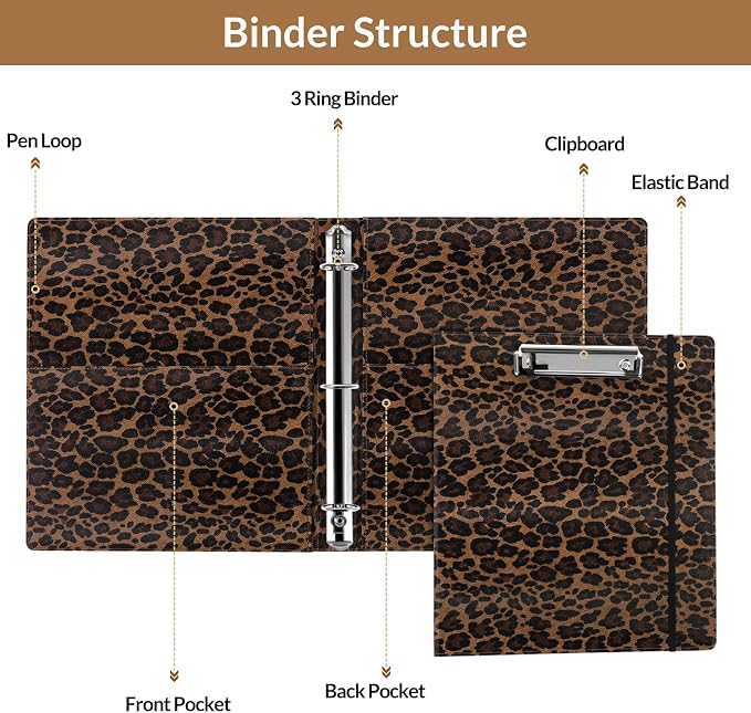 SKYDUE 1 Inch 3-Ring Binder with Clipboard, PU Aesthetic Binder with 5 Dividers, Notepad, Stickers & Pockets for Work and School (Letter Size)