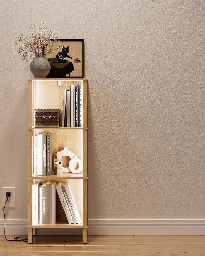 Bookshelf with LED Lights, Modern 3-Tier Bookcase, Open Storage Book Shelf, 11 × 14.2 × 38.9 Inches, Small Narrow Bookshelves for Living Room, Home Office, Bedroom, Natural
