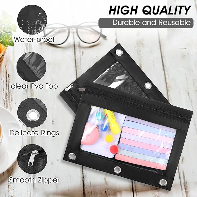 24 Pcs Pencil Pouch for 3 Ring Binder, 9.8" x 7" Black Pencil Bags with Zipper, Large Sturdy Cloth Pen Holder Case with Clear Window for Office Supplies