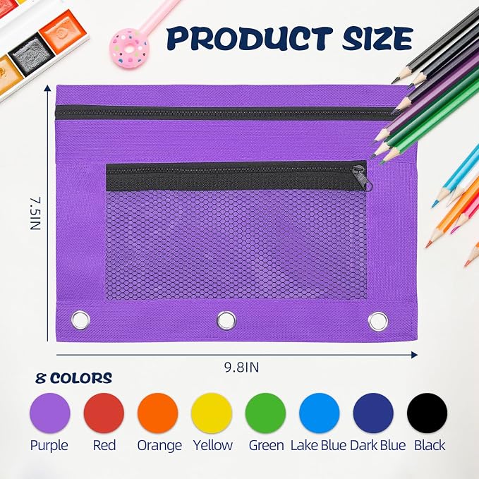 48 Pack Pencil Pouch for 3 Ring Binder Mesh Zipper Pencil Case Assorted Colors Pencil Bag Binder Pouches Pen Zipper Pouch for School Office Writing Utensils Storage Supplies, 8 Colors