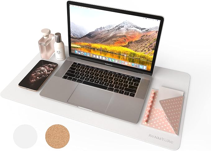 RENMTURE Dual-Sided Mouse Pad, Natural Cork & PU Leather Large Desk Pad for Office and Home Work, Desk Protector Non-Slip, Waterproof, Easy Clean (White, 23.6" x 13.7")