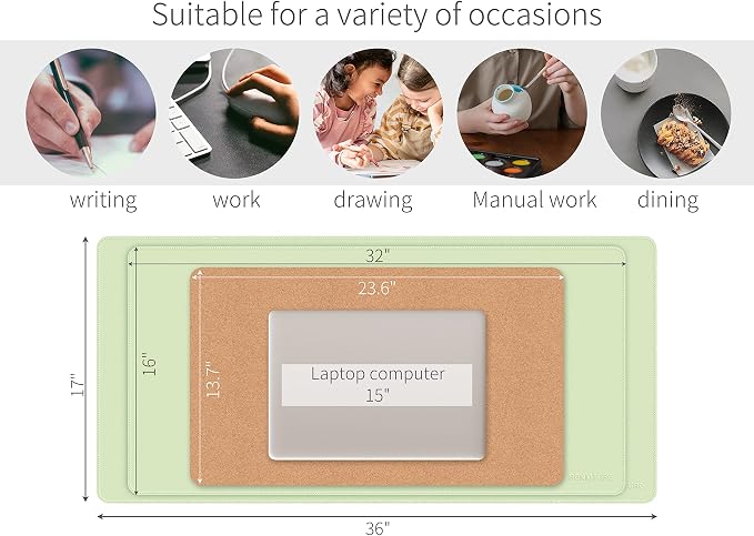 RENMTURE Dual-Sided Mouse Pad, Natural Cork & PU Leather Large Desk Pad for Office and Home Work, Desk Protector Non-Slip, Waterproof, Easy Clean (Light Green, 32"x16")