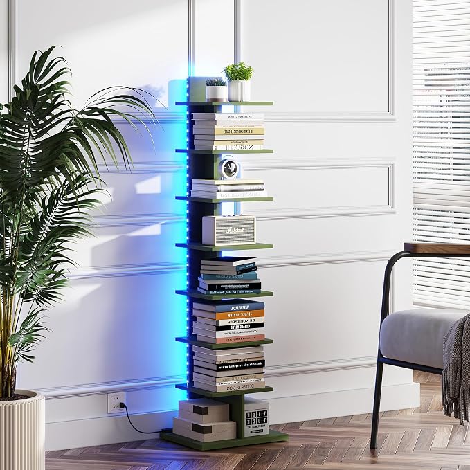 TUTOTAK Book Shelf, Narrow Spine Bookshelf, 8-Tier Bookcase with LED Lights | 10.4 x 13.4 x 47.5 Inches Vertical Freestanding Corner Shelf for Living Room, Office, Small Space, Olive Green BS06BOG008L