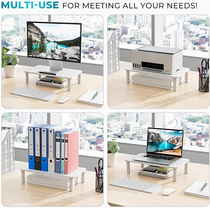 BONTEC Monitor Stand for Desk 2 Pack, 3-Level Height Adjustable, White | 14.5 x 9.1 in Ergonomic Metal Computer Stand with Pen Holder & Cable Management for Printer, Laptop and Office Workstation