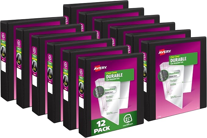 Avery Durable View 3 Ring Binders, 1.5 Inch Slant Rings, 375-Sheet Capacity, DuraHinge, 2.1 Inch Wide Spines, Customizable Clear Covers and Spines, Black Binders (12-Pack of 17021)