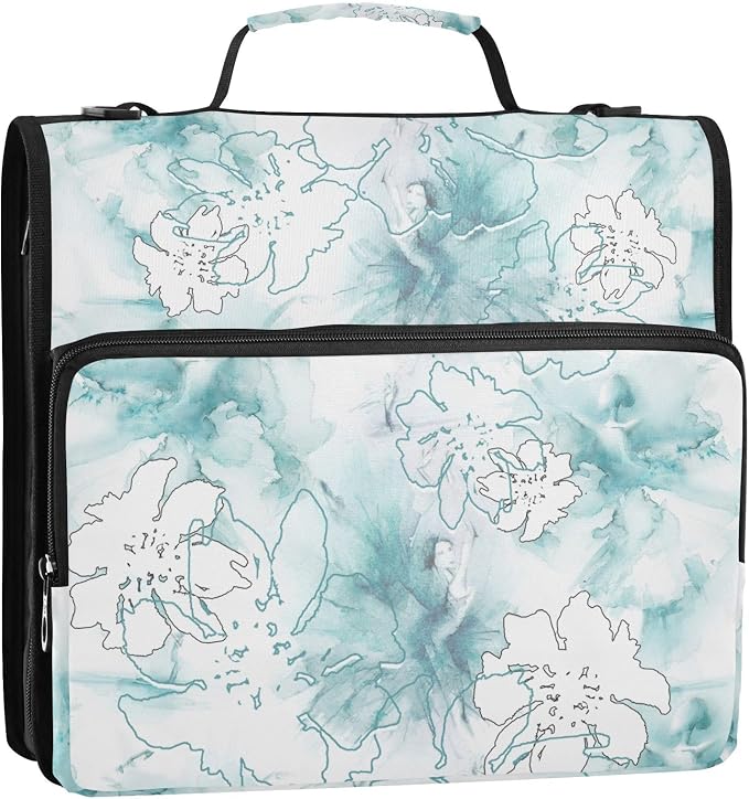 Watercolor Blue Paint Flower Zipper Binder with Shoulder Strap Bag 3 Ring Binder Organizer Large Capacity Multiple Compartments for School Office