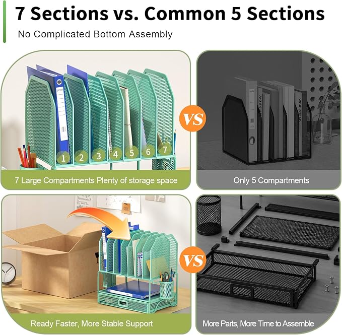 FANXIYQ Metal Desk Organizer with Sliding Drawer, 7-Section File Organizer for Desk, Desktop File Folder & Paper Organizer with 2 Hanging Pen Holders, Office Supplies Organizer, Green