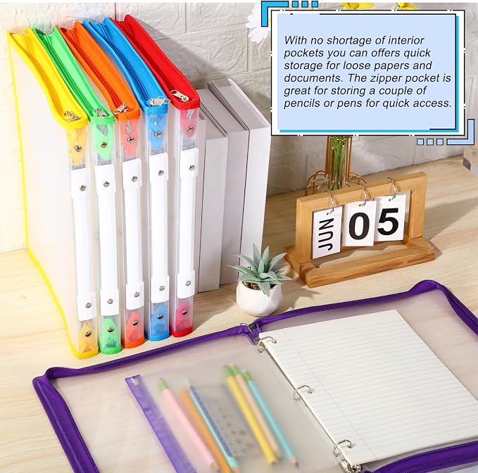 Fulmoon 6 Pack 1 Inch Zipper Binder, 3 Ring Binder with 2 Interior Pockets, Plastic Pencil Pouch, Expanding File Zippered Holds 8.5''x11'' for Projects, Assignments, Memos, School Work (Clear)