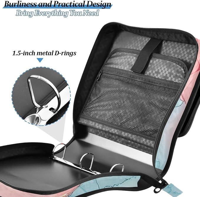 ALAZA Blue Teal Pink Marble Zipper Binder 1.5 inch 3 Ring Binder Organizer with Shoulder Strap and Handle for Home Office Work