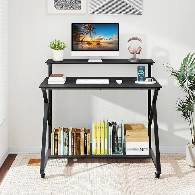 Giantex Rolling Computer Desk with Charging Station, Mobile Portable Laptop Desk with Monitor Stand & Storage Shelf, Small Desk with Lockable Wheels for Small Spaces, Home Office (Black)
