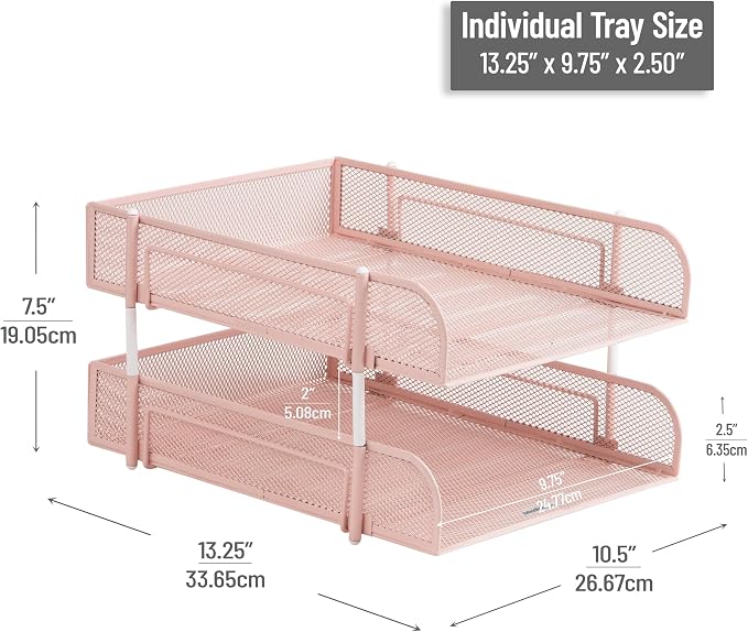 Mind Reader Stackable Paper Tray, Desktop Organizer, File Storage, Office, Metal Mesh, 2 Pcs, Pink