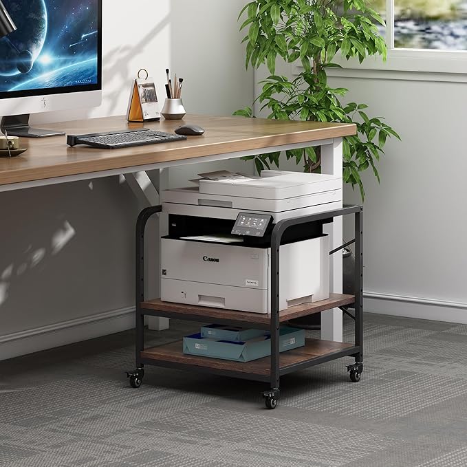 Fannova Large Size Under Desk Printer Stand, Height Adjustable Top Shelf | Table Top 20"x20", Fits 3D/Laser Printer, Heavy Duty Industrial Wheels, 2 Tier Rolling Cart Home Office Storage, Rustic Brown