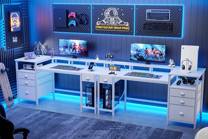 Furologee 60" White Computer Desk with 4 Drawers, Power Outlet, LED Lights | Home Office Desk with Full Monitor Stand,Storage Shelves, 4 File Drawers Cabinet ,Printer Space for Study Working Bedroom