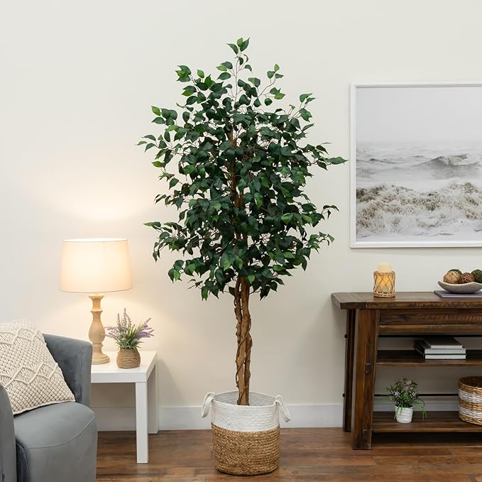 Nearly Natural 6 ft. Triple Trunk Ficus Artificial Tree with Jute Pot | Lifelike Green Foliage, Woven Cotton Basket, Maintenance-Free, Great for Entryways or Offices