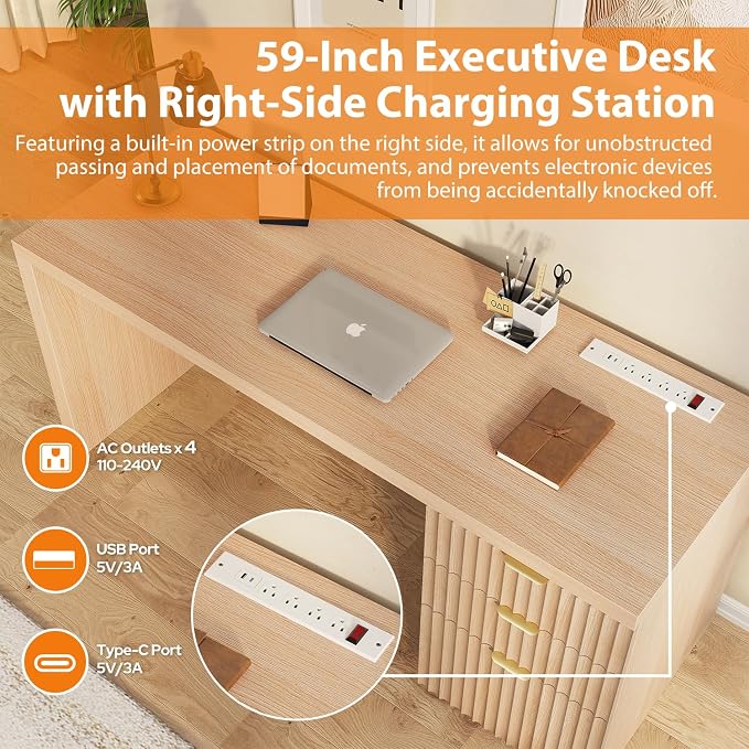 60" Fluted Executive Desk with Ample File Drawer & Large Charging Station, Wood Modern Home Office Desk with Storage, Computer Writing Desk for Work, Living Room, Bedroom, Durable & Sturdy, Natural