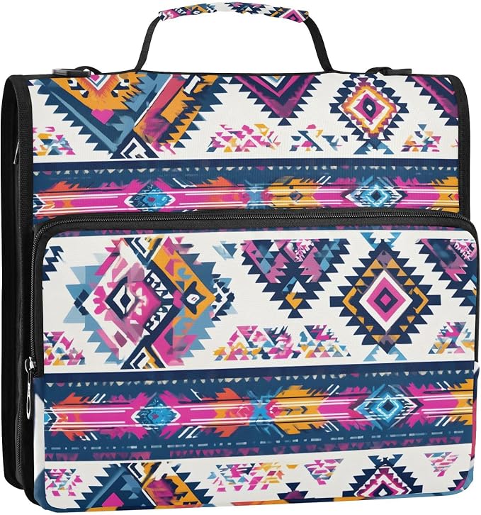 3 D-Ring Zipper Binder Bag, Purple Ethic Aztec Geometric Pattern Removable Binder with Zipper Case Hold 300+ Sheets& 13 Inch Laptop for School Office Supplies Organizer